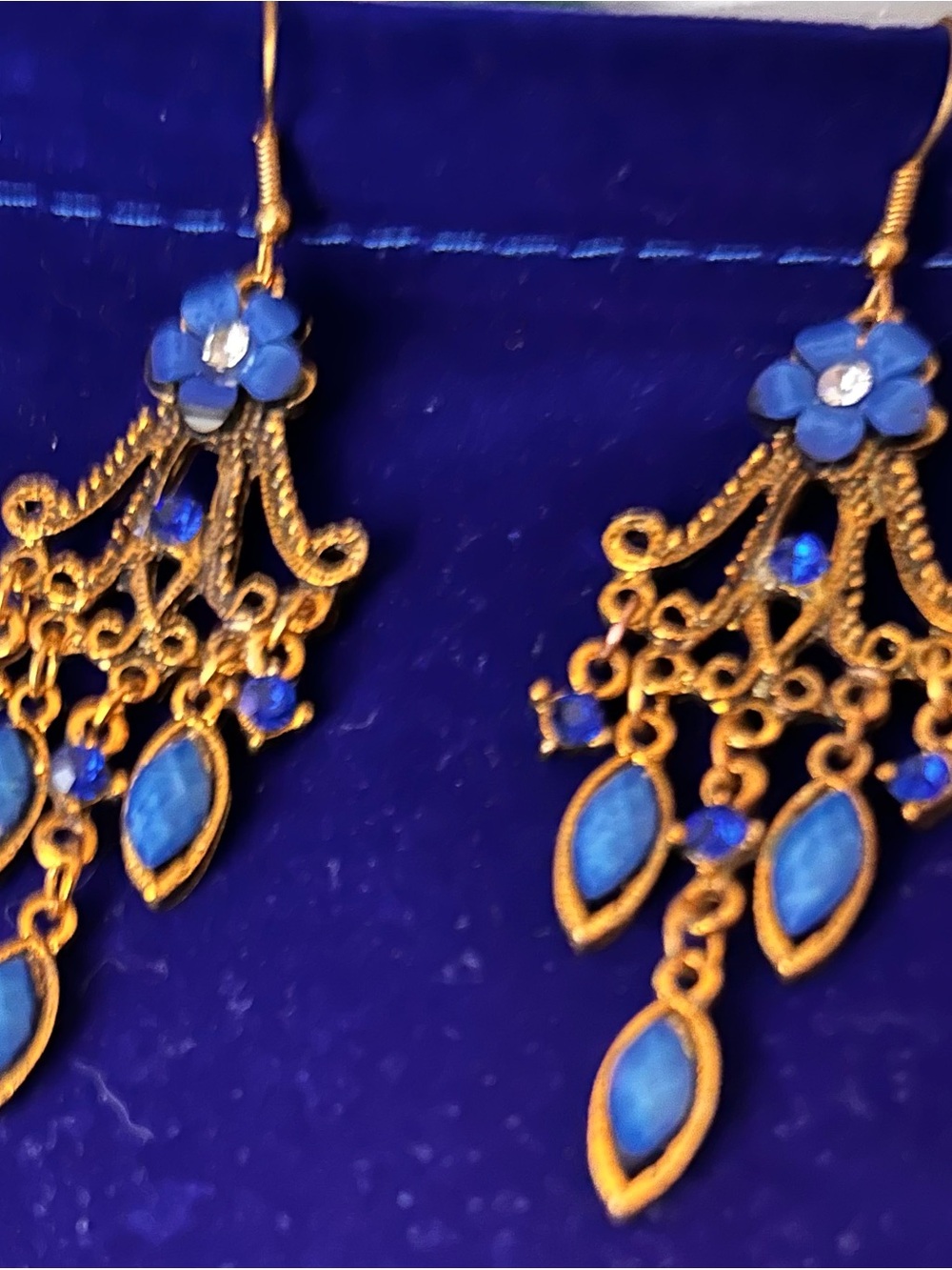 Blue Floral Chandelier Earrings - Gold Tone Boho Jewelry